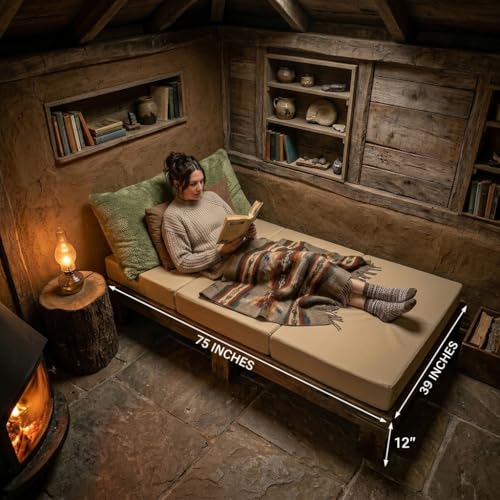 D&D Futon Furniture Tan Twin Size Shikibuton Trifold Foam Beds 6 x 39 x 75, 1.8 lbs high Density Foam, Folding Mattresses D&D Futon Furniture