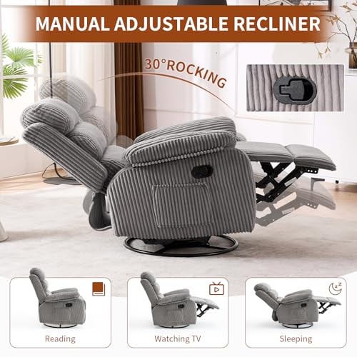 Seanrum Plush Premium Velvet 360° Swivel Rocker Recliner Chair - High Back Glider with Generous Footrest, Supportive Armrests & Side Pocket for Nursery, Living Room & Small Spaces Grey