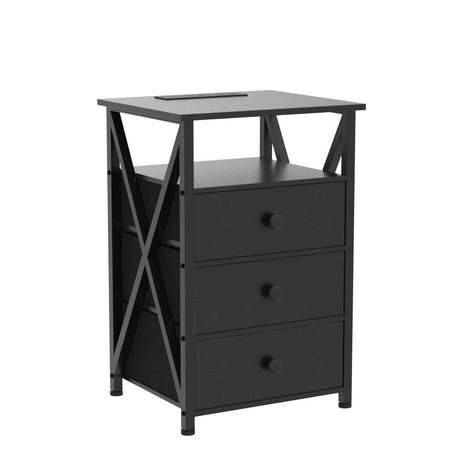 AMHANCIBLE Night Stand Set 2, LED Nightstand with Charging Station, End Side Tables with USB Port & Outlet, Bedside Table with Fabric Drawers for Bedroom Living Room, Black, HET053LBK AMHANCIBLE