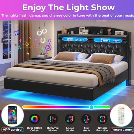BTHFST Floating Bed Frame Queen Size with Charging Station, Headboard with Secret Storage Cubby, RGB Floating Bed, No Box Spring Needed, PU Black BTHFST