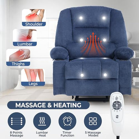 KCQ Overstuffed Electric Recliner Chairs for Adults with Cup Holder and USB Port, Fabric Power Lift Recliner Chair with Heat and Massage for Elderly Seniors, Blue KCQ