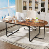 Tangkula 95" Conference Table, Large Oval Meeting Table for 10-12, 2 Cable Management Grommets, Sturdy Metal Legs, Industrial Business Training Seminar Table for Office Conference Room (Rustic Brown) Tangkula