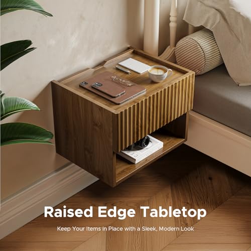Floating Nightstand Bedroom Bedside Table - Floating Night Stand Set 2 for Small Spaces, Wall Mounted Cabinet with Storage Drawer, Brown Modern Night Stand for Dorm Hallway Entryway Lazzanto