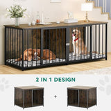 DWVO Double Dog Kennel Furniture, 80.2" Dog Cage Furniture with Divider, Double Dog Crate TV Stand for 2 Medium Dogs, Brown DWVO