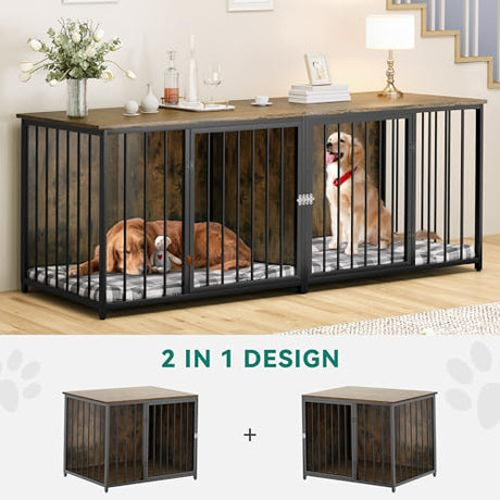 DWVO Double Dog Kennel Furniture, 80.2" Dog Cage Furniture with Divider, Double Dog Crate TV Stand for 2 Medium Dogs, Brown DWVO