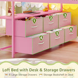Dnxao Low Loft Bed Full Size with Desk,Full Bed Frame with 9 Storage Drawers, Kids Loft Bed with 15.8" H Safety Guardrail,Sofa,LED Lights & Charging Station,Spave Saving,Pink Dnxao