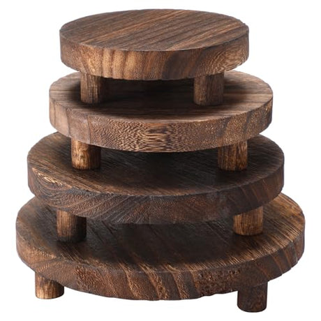 Geetery 4 Pcs Wooden Risers for Display Wood Pedestal Stand for Display Mini Riser Stand Round Wooden Riser Holder Rustic Riser for Decor Tiered Tray Decor Riser for Home Kitchen, 4 Size (Brown) Geetery