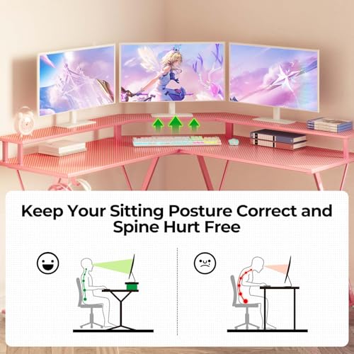 SEVEN WARRIOR Gaming Desk 50.4” with LED Light & Power Outlets, L-Shaped Gaming Desk Carbon Fiber Surface with Monitor Stand, Ergonomic Gamer Table with Headphone Hook, Pink SEVEN WARRIOR