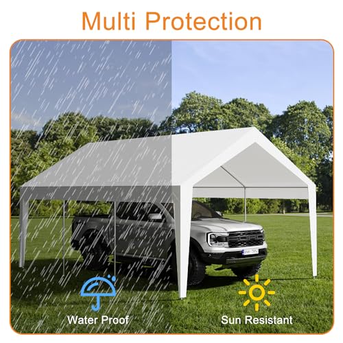 Garvee Carport, 10 ft x20 ft Extra Large Heavy Duty Carport, Portable Heavy Duty Garage Shelter with 8 Legs, Garage Tent for Car, Truck, SUV, Car Canopy with All-Season Tarp - White Garvee