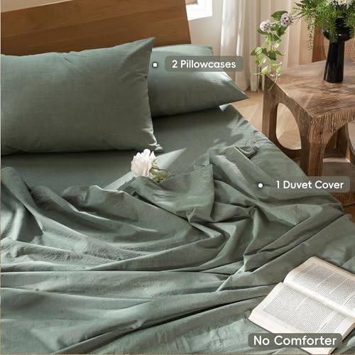 MooMee Bedding Duvet Cover Set 100% Washed Cotton Linen Like Textured Breathable Durable Soft Comfy (Heathered Green, King 104"x90") MooMee