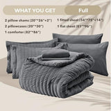 HYMOKEGE Full Size Comforter Sets Seersucker 7 Pieces, All Season Luxury Bed in a Bag for Bedroom, Bedding Set with Comforters, Sheets, Pillowcases & Shams, Dark Grey HYMOKEGE
