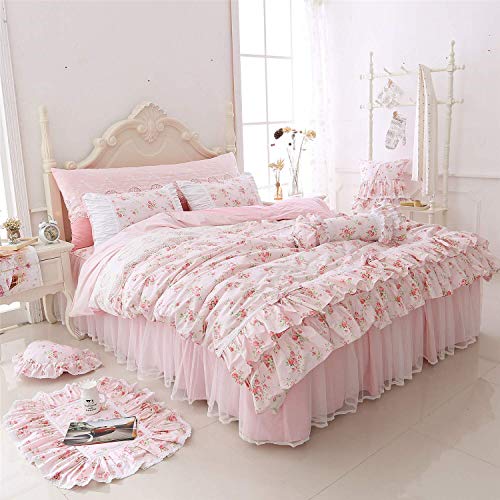 LELVA Romantic Roses Print Duvet Cover Set with Bed Skirt Pink Lace Ruffle Floral Shabby Chic Bedding Sets Full 4 Piece LELVA