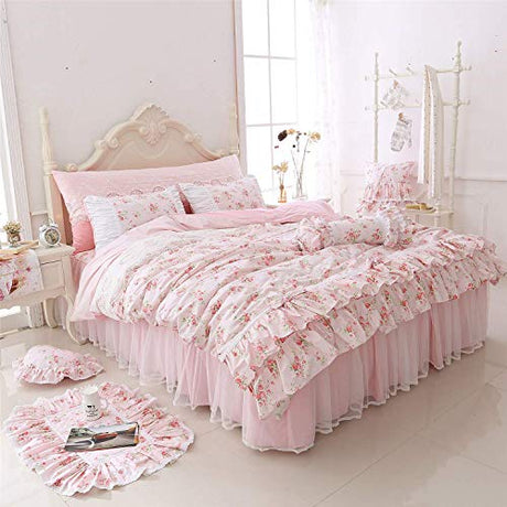 LELVA Romantic Roses Print Duvet Cover Set with Bed Skirt Pink Lace Ruffle Floral Shabby Chic Bedding Sets Full 4 Piece LELVA