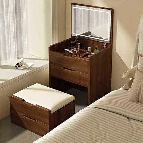 Videvik 3 in 1 Vanity Desk with Plip Top Mirror and Lights, 18.9" Small Make Up Vanity Set with Visible Glass Desktop,Compact Makeup Vanity with 3 Drawers,Dressing Table for Bedroom,Walnut Videvik