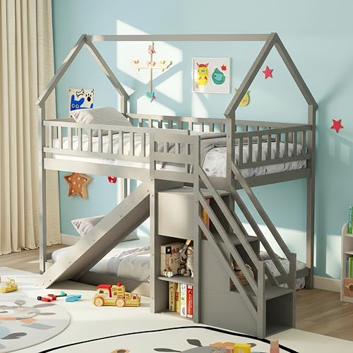 KOMFOTT Wood Twin Over Twin Bunk Bed with Slide & Staircase, Twin House Bunk Bed with Safety Guardrails & Storage, Floor House Bed with Wooden Slat Support for Boys Girls, No Box Spring Needed (Grey) KOMFOTT