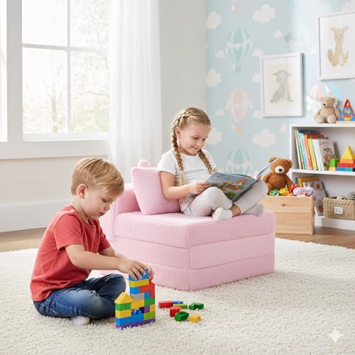 Givjoy Foldable Floor Mattress with Pillow for Kids, Toddler Washable Tri Folding Floor Nap Mat for Sleeping Daycare, Child Trifold Futon Sofa Bed with Storage Bag for Playroom Girls and Boys, Pink Givjoy