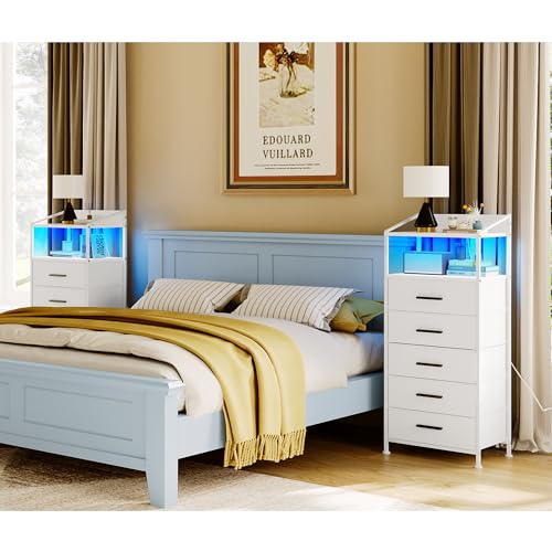 EKNKOZY Nightstand 5 Drawer Dresser with LED Lights and Charging Station, Vertical Side Table with Fabric Drawers, End Table with Open Shelf, Tall Dresser for Bedroom, Hallway, Entryway, White