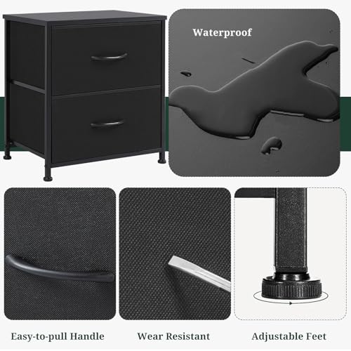 Nightstand, Small 2 Drawer Dresser End Table Bedside Furniture, Wooden Top Fabric Bins for Bedroom, Closet, Entryway, Dorm, 11.8" D x 18" W x 20", Black SageNest