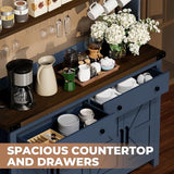 VVFLU Hutch Storage Buffet Cabinet with Drawers, and Charging Station, Coffee Bar Cabinet with Barn Doors, Wine Rack and Hooks, Blue Wood Sideboard Buffet for Kitchen, Dining Room, 54.1" High VVFLU