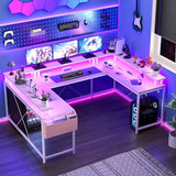 U/L Shaped Desk, Reversible Computer Gaming Desk with Power Outlet & LED Light, Large Corner Table with Monitor Stand & Storage Shelf, Idead for Home, Office, Gaming, Pink OUTGOODS