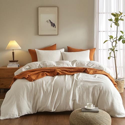 SE SOFTEXLY Muslin Duvet Cover King Size, 100% Washed Cotton Duvet Cover Set, Ultra Soft Comforter Cover Linen Like, 3 Pieces Minimalist Gauze Duvet Cover with 2 Pillowcases, 90"x104", White SE SOFTEXLY