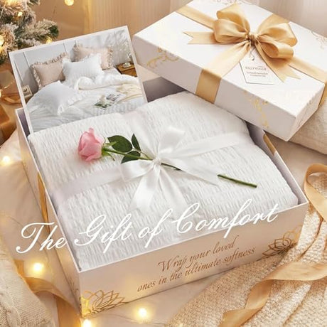 JOLLYVOGUE White Twin Size Comforter Set, 2 Pieces Seersucker Lightweight Fluffy Bedding Set, Twin Ruffle Comforter, All Season Soft Microfiber Shabby Chic Bed Set JOLLYVOGUE