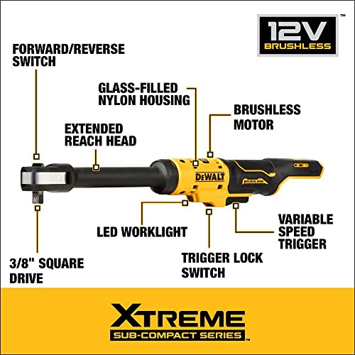 DEWALT XTREME 12V MAX* Cordless Ratchet, Brushless,3/8 in., Extended Reach, Tool Only (DCF503EB) - WoodArtSupply