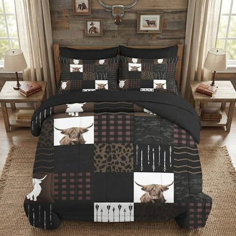 WeCozy 7 Pcs King Size Comforter Set with 2 Pillowcases & 2 Shams, Highland Cow Animal Bedding for Kids and Adults, Brown Farm Vintage Print Bed in a Bag with Flat Fitted Sheet WeCozy