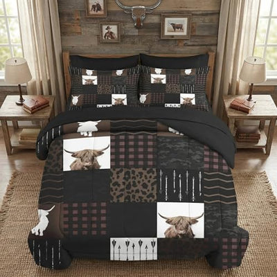 WeCozy 7 Pcs King Size Comforter Set with 2 Pillowcases & 2 Shams, Highland Cow Animal Bedding for Kids and Adults, Brown Farm Vintage Print Bed in a Bag with Flat Fitted Sheet