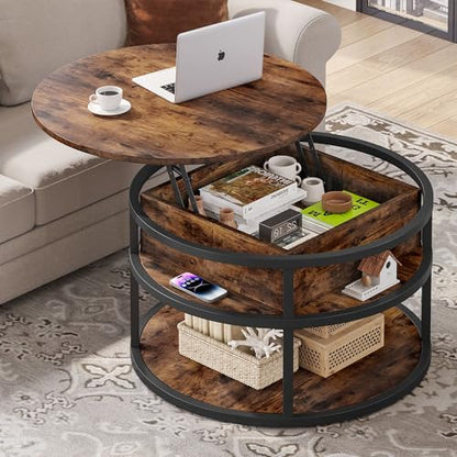 DWVO Round Coffee Tables for Living Room,Lift Top Coffee Table with Storage, Farmhouse Wood Coffee Table,Circle Coffee Tables Living Room for Home Office,Rustic Brown