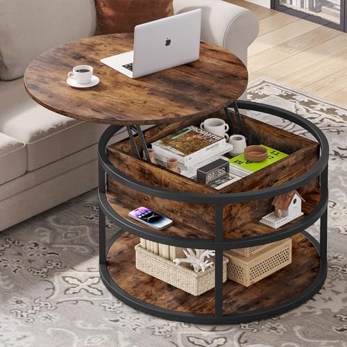 DWVO Round Coffee Tables for Living Room,Lift Top Coffee Table with Storage, Farmhouse Wood Coffee Table,Circle Coffee Tables Living Room for Home Office,Rustic Brown - WoodArtSupply