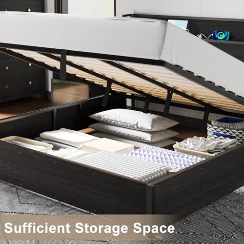 AMERLIFE King Size Lift Up Storage Bed Frame, Wooden Platform Bed Frame with Lifting Storage & Charging Station, No Spring Box Needed/Noise Free, Black AMERLIFE