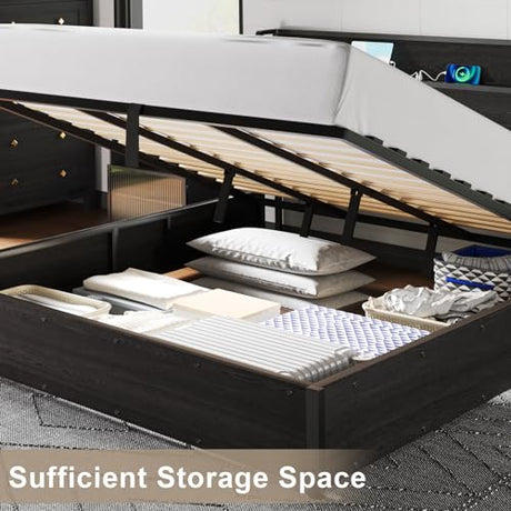 AMERLIFE King Size Lift Up Storage Bed Frame, Wooden Platform Bed Frame with Lifting Storage & Charging Station, No Spring Box Needed/Noise Free, Black AMERLIFE