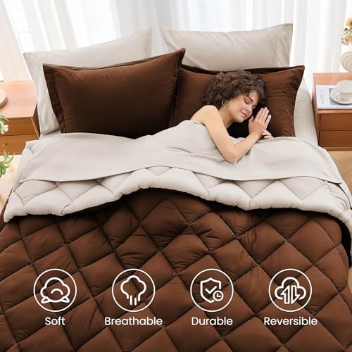 MUXHOMO 5 Pieces Twin Comforter Set, Reversible Bed in a Bag Twin Size, All Season Bedding Set with Comforter, Flat Sheet, Fitted Sheet, Pillowcases & Shams, Brown & Khaki