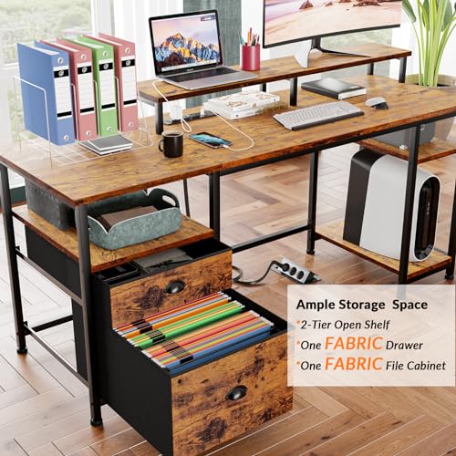 Furologee 61" Computer Desk with Power Outlet and USB Ports, Large Desk with Shelves and Drawer, Writing Study Desk with Fabric File Cabinet and Long Monitor Stand, Gaming Desk for Home Offic - WoodArtSupply