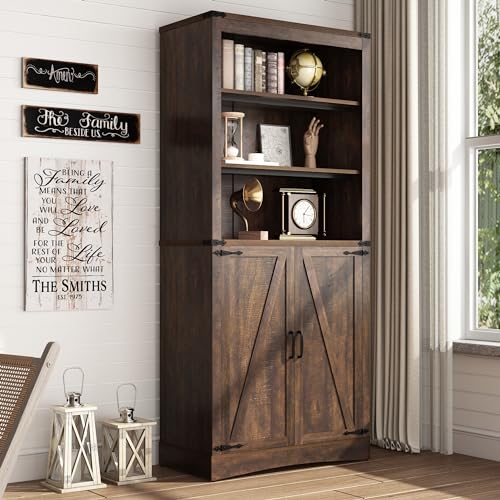 Tall Farmhouse Kitchen Pantry Cabinet with Adjustable Shelves and Barn Doors - Hlivelood 71" Brown Storage Solution - WoodArtSupply