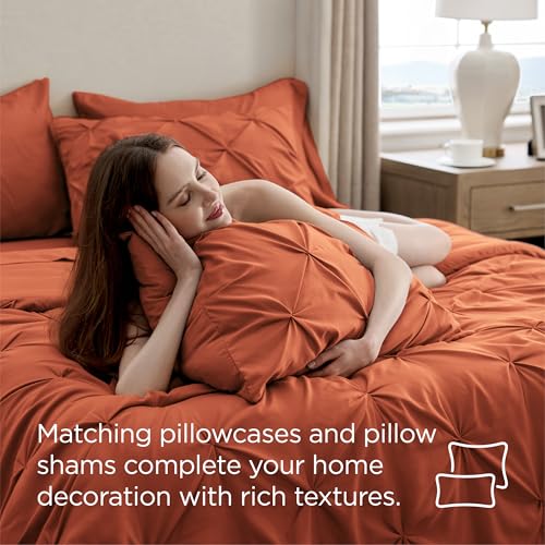 Bedsure Twin Comforter Sets - 5 Pieces Pintuck Bedding Sets Twin Size, Pinch Pleat Burnt Orange Bed in a Bag Twin with Comforter, Sheets, Pillowcase & Sham Bedsure