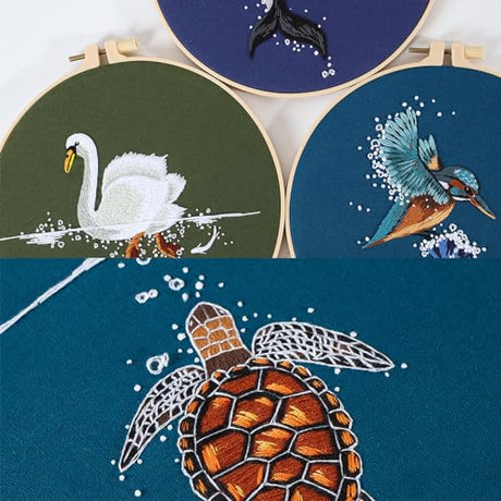 Picoey Embroidery Kit for Beginners with Animal Pattern and Instructions,4 Pack Cross Stitch Kits,2 Wooden Embroidery Hoops,Threads and Needles,Needlepoint Kit Picoey