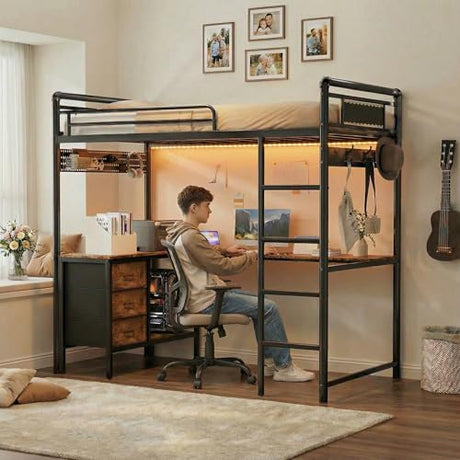 KSOBEBVT Twin Loft Bed with Desk, Gaming Bunk Bed with Stairs, Metal Loft Bed Heavy Duty Loft Beds for Adults, 3 Fabric Drawers, LED Lights & Charging Sation, No Noise & No Box Spring Needed, Black KSOBEBVT