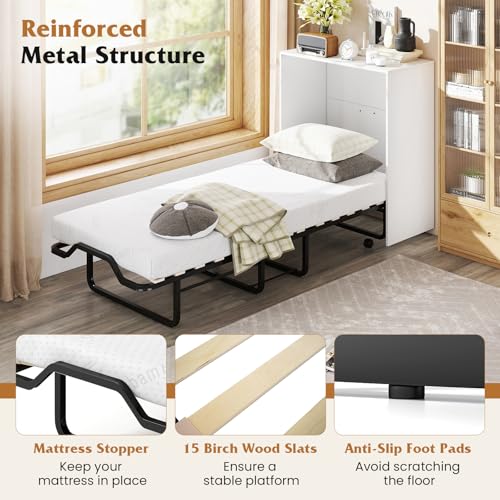 Giantex Murphy Bed Cabinet with Mattress - 74" x 31" Cot Size Folding Bed w/Storage, Metal Frame & Lockable Rolling Wheels, Space-Saving Roll Away Beds with Mattresses for Adults Guests (White) Giantex