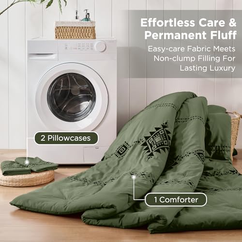 Baskbed Embroidered Boho Comforter Set King Size, 3-Piece Western Shabby Chic Bedding Set - Fluffy Ultra Soft Microfiber with Intricate Design, Includes 1 Green Comforter(102"x90") & 2 Pillowcases Baskbed