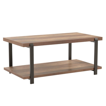 FOLUBAN Industrial Coffee Table with shelf, Wood and Metal Rustic Cocktail Table for Living Room, Oak - WoodArtSupply