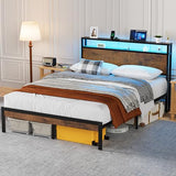 Flolinda King Size Bed Frame with Headboard, King Metal Bed Frame Storage with LED Lights & Charging Station,w/Solid 11 Bed Legs, No Box Spring Needed, Noise Free, Easy Assembly Flolinda