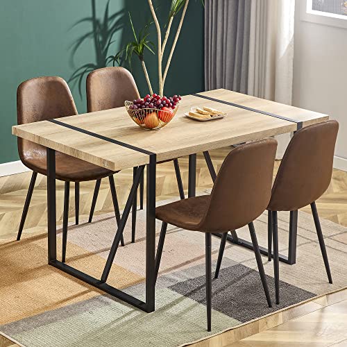 Ganooly Rustic 5 Piece Dining Room Table Set for 4 People, 55 Inch Rectangle Kitchen Dining Table with Wood Tabletop and Metal Frame & 4 Fabric Chairs Set, Suitable for Small Space Ganooly