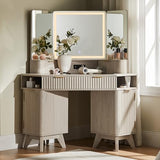 T4TREAM Fluted Makeup Vanity Desk with 3 Way Mirror and Lights, 48" Large Corner Vanity Table with Glass Top, Charging Station, 3 Drawers, Storage Cabinets & Shelves, for Bedroom, White Alder T4TREAM