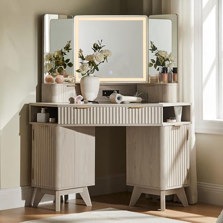 T4TREAM Fluted Makeup Vanity Desk with 3 Way Mirror and Lights, 48" Large Corner Vanity Table with Glass Top, Charging Station, 3 Drawers, Storage Cabinets & Shelves, for Bedroom, White Alder T4TREAM