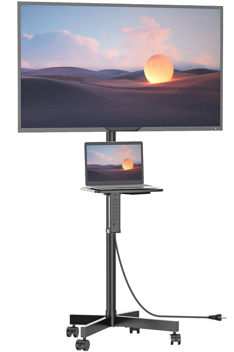 WALI Mobile TV Stand with Power Outlet, TV Cart for 23-65 inch TVs up to 88lbs, Portable Rolling TV Stand on Wheels with Height Adjustable and Tilt 20°, Max VESA 400x400mm (AVC001-P), Black WALI