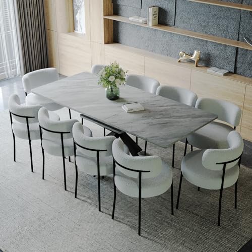 Modern Dining Table Set for 10,Expandable Dining Room Table Set,6-10 People Kitchen Table and Chairs Set with 63-78 in Marble Dinner Table Round Upholstered Boucle Chairs Ideal for Dining Room,Kitchen Hilknen
