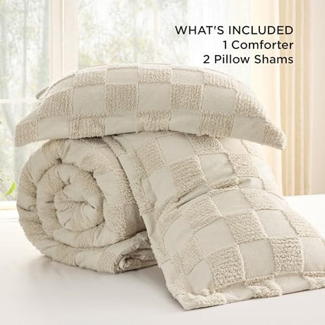 Bedsure King Size Comforter Set Mineral Blue, Boho Tufted Bed Set, Checkered Farmhouse Shabby Chic Bedding, 3 Pieces, 1 Plaid Geometric Comforter and 2 Pillow Shams Bedsure