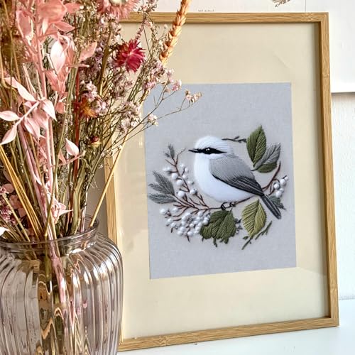 FONNUY Wild Birds Embroidery Kit, Pre-Stamped Green Tree Bird Patterns Kits for Adults and Beginners, Handmade DIY Crafts Set, Color Thread Needlework, 8'' Hoop (Chubby Little Bird)